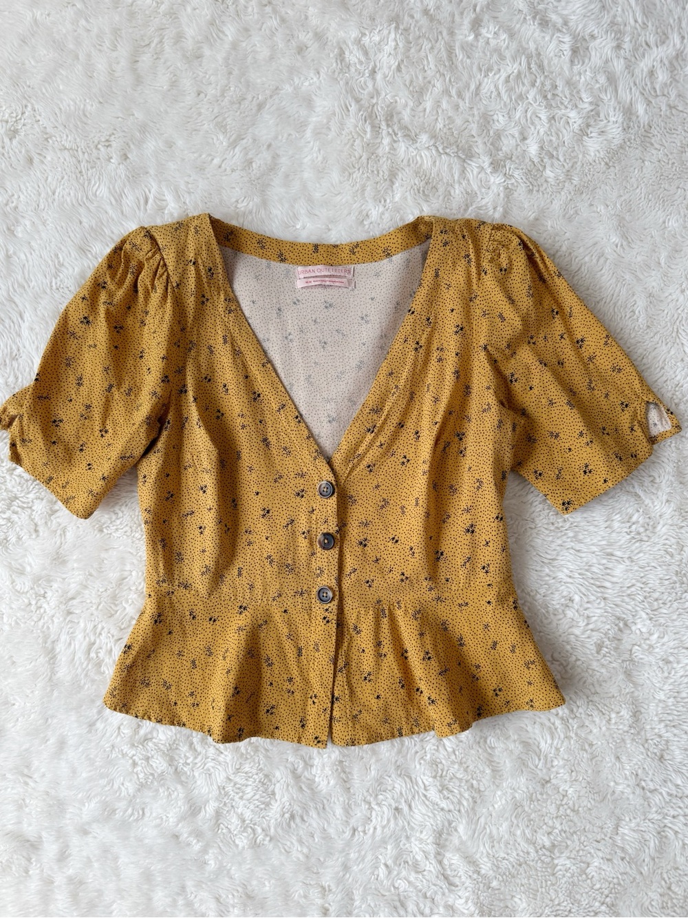 Urban Outfitters Woman Yellow Floral Peplum  V-Neck Puff Sleeve MEDIUM Romantic